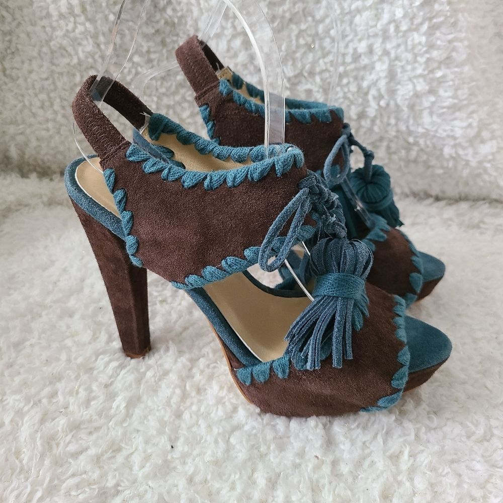 Paco Gil Brown Suede Leather with Tassel detail Platform Heeled Sandals sz‎ 7.5